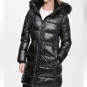 DKNY High-Shine Faux-Fur Trim Hooded Puffer Coat; Size M